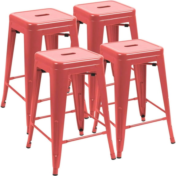 JUMMICO 24 Inches Metal Bar Stools  Barstools Stackable High Backless Stools Vintage Indoor Outdoor Stackable Kitchen Stools Set of 4 (Red)