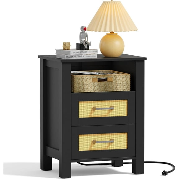 JUMMICO 26.18" End Table with Charging Station and Rattan Drawers, Farmhouse Nighstand, Wooden Storage Bedside Table, Living Room, Bedroom(1, Black Oak)