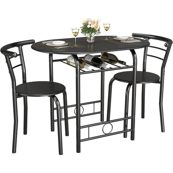 JUMMICO 3-Piece Wooden Round Table & Chair Set, Space Saving Kitchen Breakfast Nook Wood Grain Tabletop with Metal Frame and Built-in Wine Rack for Kitchen, Dining Room (Black)