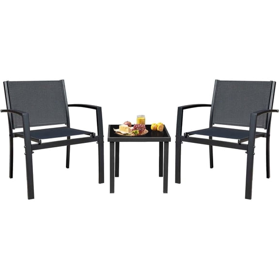 JUMMICO 3 Pieces Patio Furniture Set Outdoor Textilene Patio Chairs with Coffee Table Modern Patio Conversation Bistro Set for Lawn, Garden, Balcony, Poolside and Porch (Black)