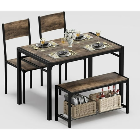 JUMMICO 43.3" Dining Table Set for 4, Kitchen Table with  & 2 Chairs Modern Rectangular Metal Frame Dining Furniture Set for Small Space (Rustic Brown)
