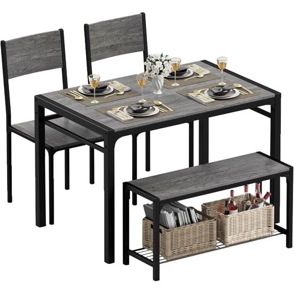 JUMMICO 43.3" Dining Table Set for 4, Kitchen Table with Bench & 2 Chairs Modern Rectangular Metal Frame Dining Furniture Set for Small Space (Grey)