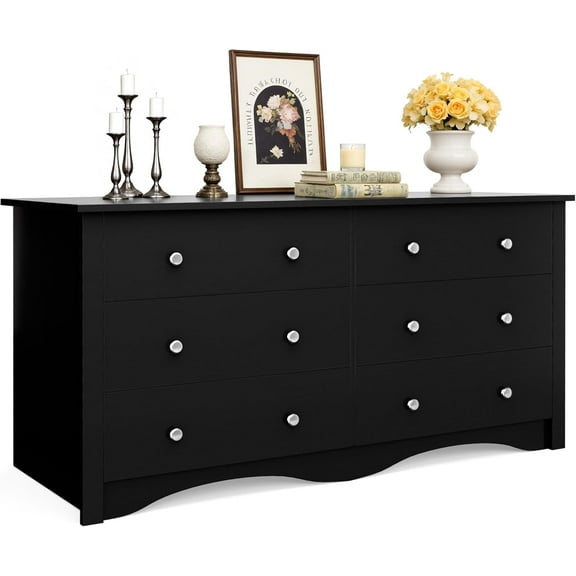 JUMMICO Black Dresser for Bedroom, 6 Wood Dresser Drawers, Wide Chest of Drawers, Storage Tower Unit, Modern Design for Bedroom, Living Room, Hallway, Entryway