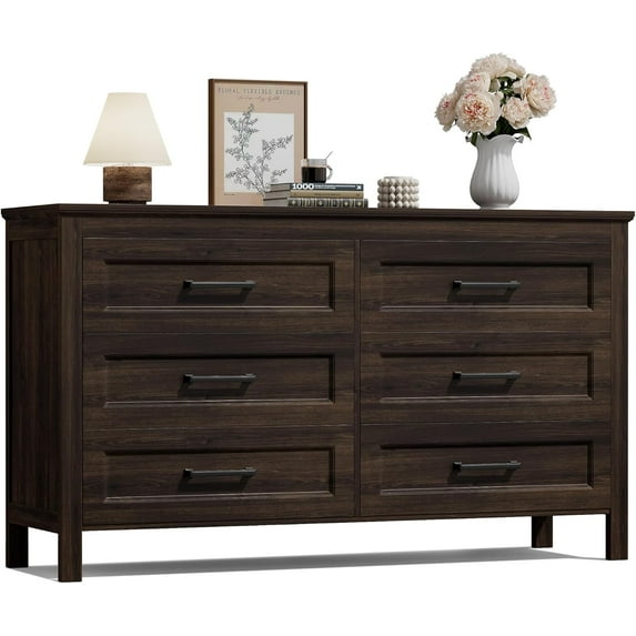 JUMMICO Brown Dresser with 6 Drawers, Wooden Chest of Drawers for Bedroom, Closet Storage Organizer Cabinet for Living Room, Hallway, Closet