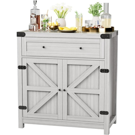 JUMMICO Coffee Bar Cabinet Farmhouse Kitchen Sideboard Buffet Cabinet with Drawer and Adjustable Shelf Barn Door Storage Cabinet for Kitchen, Dining Room, Bathroom, Entryway (Ash Grey)