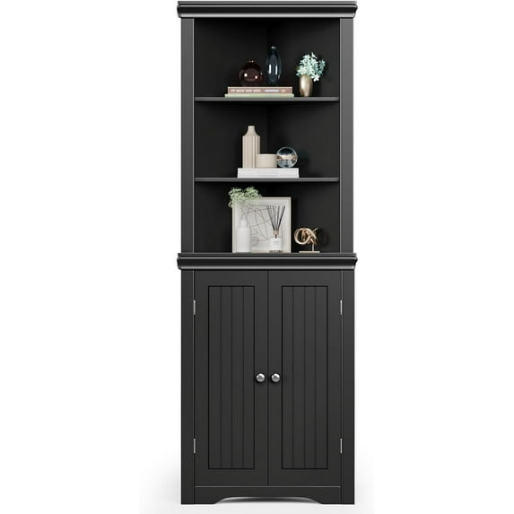 JUMMICO Corner Cabinet Corner Bathroom Cabinet with 2 Doors and 3 Tier Shelves Free Standing Corner Storage Cabinet for Bathroom, Living Room, Bedroom or Kitchen (Black)