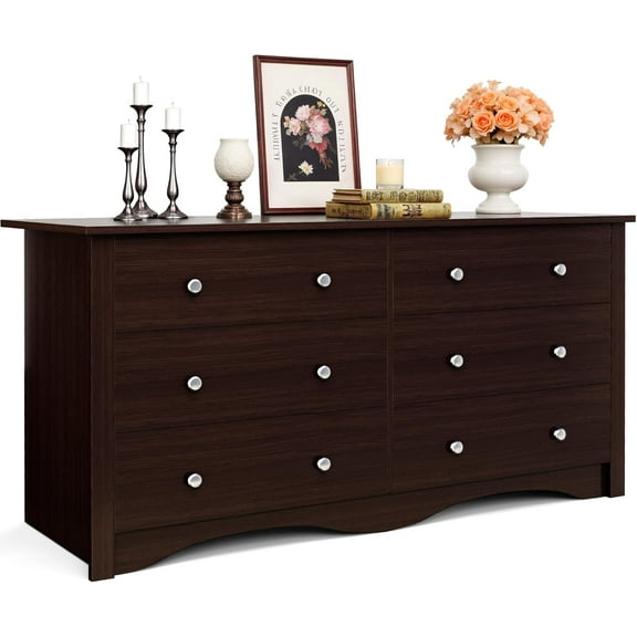 JUMMICO Dresser for Bedroom, 6 Wood Dresser Drawers, Wide Chest of Drawers, Storage Tower Unit, Modern Design for Bedroom, Living Room, Hallway, Entryway (Dark Brown)