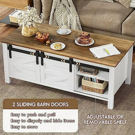 JUMMICO Farmhouse Coffee Table with Storage & Sliding Barn Doors, Modern Rustic Living Room Table with Adjustable Shelves, Wooden Rustic Center Table for Living Room (Antique White)