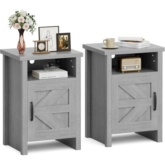 JUMMICO Farmhouse Nightstand, Modern Bedside Table with Barn Door and Shelf, Rustic End Table Side Table for Bedroom, Living Room (2, Grey)