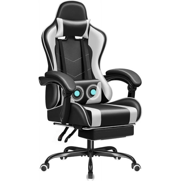 JUMMICO Gaming Chair Ergonomic Computer Chair with Footrest and Massage Lumbar Support, Height Adjustable Video Gaming Chair with 360° Swivel Seat and Headrest (White)