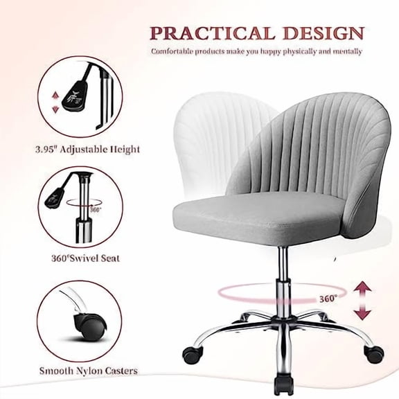 JUMMICO Home Office Desk Chair Vanity Chair Twill Upholstered Adjustable Mid-Back Armless Swivel Task Chair Modern Fabric Office Chairs with Wheels for Bedroom, Living Room (Pale G
