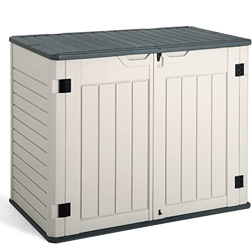 JUMMICO Horizontal Outdoor Resin Storage Shed 34 Cu. Ft. Garden Storage Extra Large Capacity Weather Resistant Storage Box for Bike, Garbage Cans, Lawnmowe, Garden Accessories