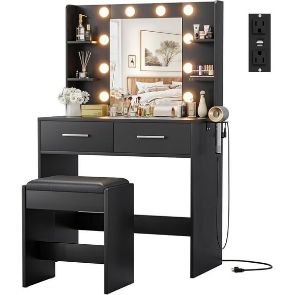 JUMMICO Makeup Vanity Desk with Mirror and Lights Power Outlet, Vanity Table Makeup Desk 2 Drawers, 6 Storage Shelves Hairdryer Holder & Dressing Table for Bedroom (Black, with )