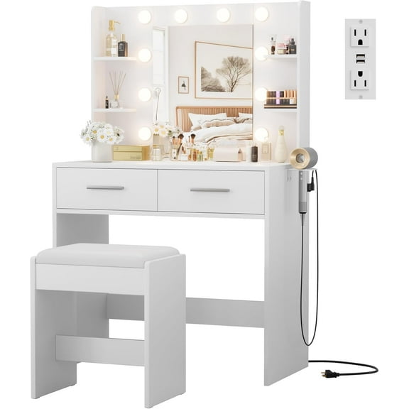 JUMMICO Makeup Vanity Desk with Mirror and Lights Power Outlet, Vanity Table Makeup Desk 2 Drawers, 6 Storage Shelves Hairdryer Holder & Dressing Table for Bedroom (White, with )
