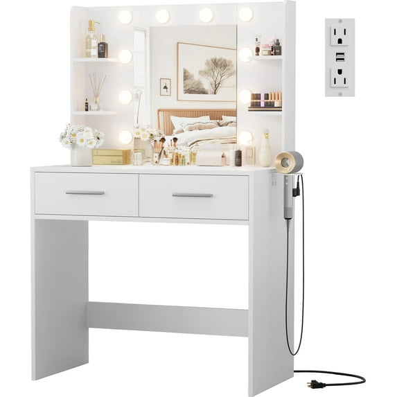 JUMMICO Makeup Vanity Desk with Mirror and Lights Power Outlet, Vanity Table Makeup Desk 2 Drawers, 6 Storage Shelves Hairdryer Holder Dressing Table for Bedroom (White, No Bench)