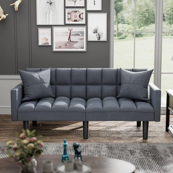 JUMMICO Modern Tuft Futon Sofa Bed Couch Convertible Loveseat Sleeper Reclining Futon Twin Size with Arms and 2 Pillows for Living Room (Blue)