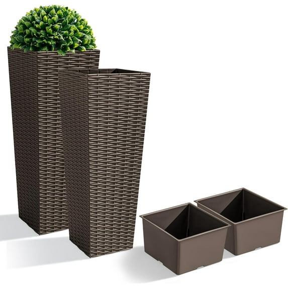 JUMMICO Resin Rattan Planters Outdoor, Tapered Planters with Drainage Holes&Inner Trays, Flower Pots for Garden, Patio, Porch, Backyard