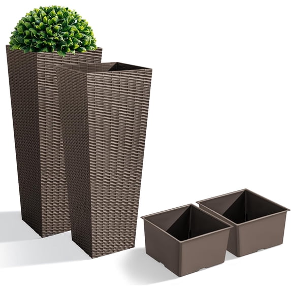 JUMMICO Set of 2 Resin Rattan Tall Planters Outdoor, Large Tapered Planters with Drainage Holes&Inner Trays, Flower Pots for Garden, Patio, Porch, Backyard (Brown, 32'')