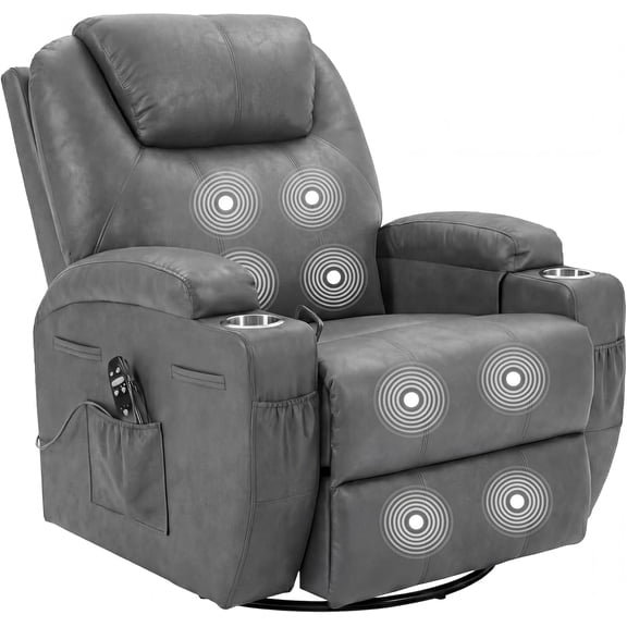 JUMMICO Small Swivel Rocker Recliner, 360 Rocking Chair Recliner with Massage, Upholstered Leathaire Rocker Recliner with Cup Holder for Living Room, Bedroom, Nursery (Dark Gray)