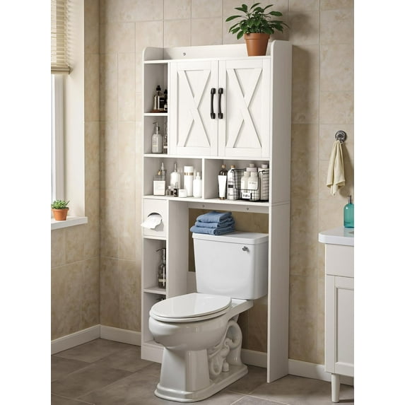 JUMMICO Over The Toilet Storage Cabinet, Bathroom Organizer with 2 Magnetic Doors and Adjustable Shelves, Home Space-Saving Toilet Rack with Paper Holder Stand