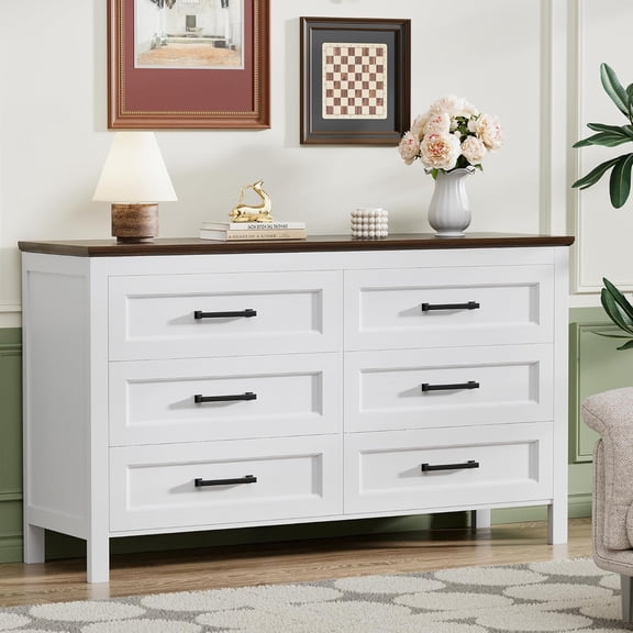 JUMMICO White Dresser for Bedroom,Wooden 6 Drawer Dresser for Nursery,Chest of Drawers for Bedroom, Closet Storage Organizer for Living Room, Hallway, Closet (Brown&White)