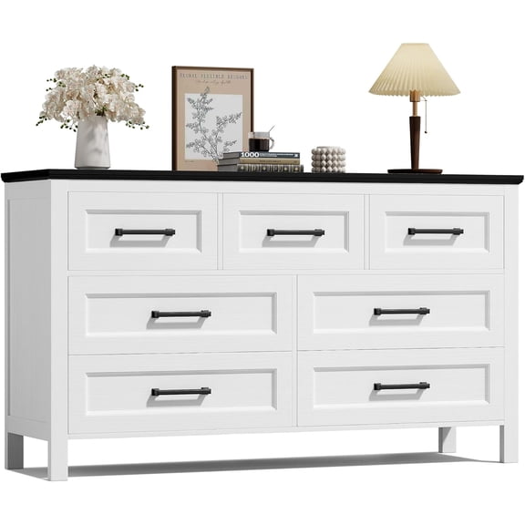 JUMMICO White Dresser for Bedroom,Wooden 7 Drawer Dresser for Nursery,Chest of Drawers for Bedroom, Closet Storage Organizer for Living Room, Hallway, Closet (Black&White)