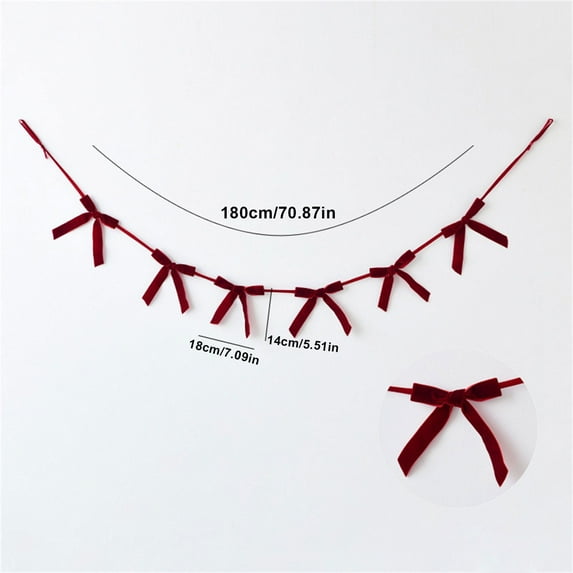 JUMNUYCUH 5.9 ft Christmas Velvet Bow Garland, Ribbon Bow Banner for Xmas Tree Party Fireplace Staircase Decorations, Christmas Decor, Red