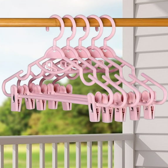 JUMNUYCUH 5 Pack Plastic Hangers, Clothes Hangers with Clips, Multi-purpose Clip Hangers for Pants, Skirt, Suit, Shorts and Jacket, Pink