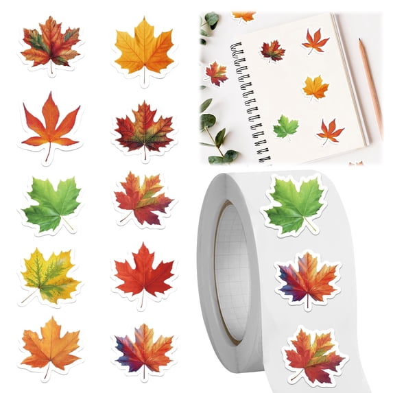 JUMNUYCUH 500Pcs Fall Leaf Stickers, Maple Leaf Self-Adhesive Sticker Roll, Autumn Thanksgiving Waterproof Decals for Crafts Party Cards Seal Envelopes Supplies Scrapbook Decor, Fall Leaves Stickers