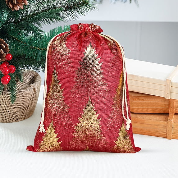 JUMNUYCUH Christmas Gift Bags, Cotton Drawstring Gift Bags with Pattern, Christmas Wrapping Bags for Xmas Candy Storage, Christmas Party Favors, 11.8" x 15.7", Red