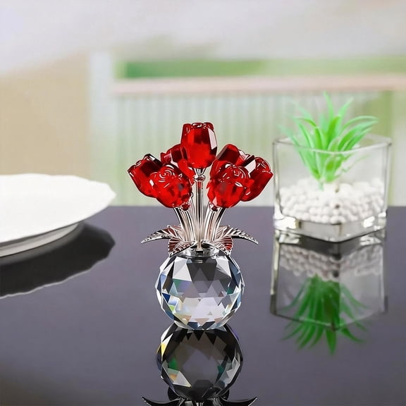 JUMNUYCUH Crystal Rose Flower Collectible Figurine with Vase, Crystal Rose Vase Ornament for Valentine's Day Wedding Anniversary Birthday, Romantic Gifts for Wife Mom Women, 4.1", Red