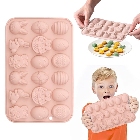 JUMNUYCUH Easter Silicone Molds, 18-Cavity Bunny Egg Basket Shaped Mold, Non-Stick Easter Baking Molds for Chocolate, Candy, Soap, Jelly, Pudding, Muffin, Cupcake and Ice Cube, 7.7" x 5", Pink