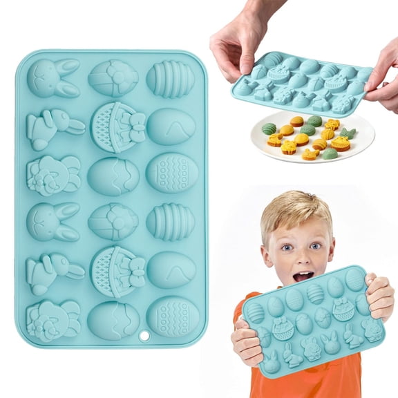 JUMNUYCUH Easter Silicone Molds, 18-Cavity Bunny Egg Basket Shaped Mold, Non-Stick Easter Baking Molds for Chocolate, Candy, Soap, Jelly, Pudding, Muffin, Cupcake and Ice Cube, 7.7" x 5", Blue