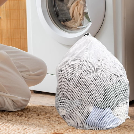 JUMNUYCUH Mesh Laundry Bags, Heavy Duty Drawstring Dirty Clothes Bags with Soft Breathable Net, Machine Washable Mesh Laundry Bag for College, Dorm, Camp, Travel and Family Use, 23.6" x 19.6", White