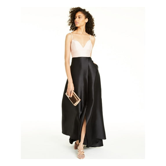 JUMP APPAREL Womens Black Embellished Slitted Color Block Spaghetti Strap V Neck Full-Length Evening Fit + Flare Dress 0