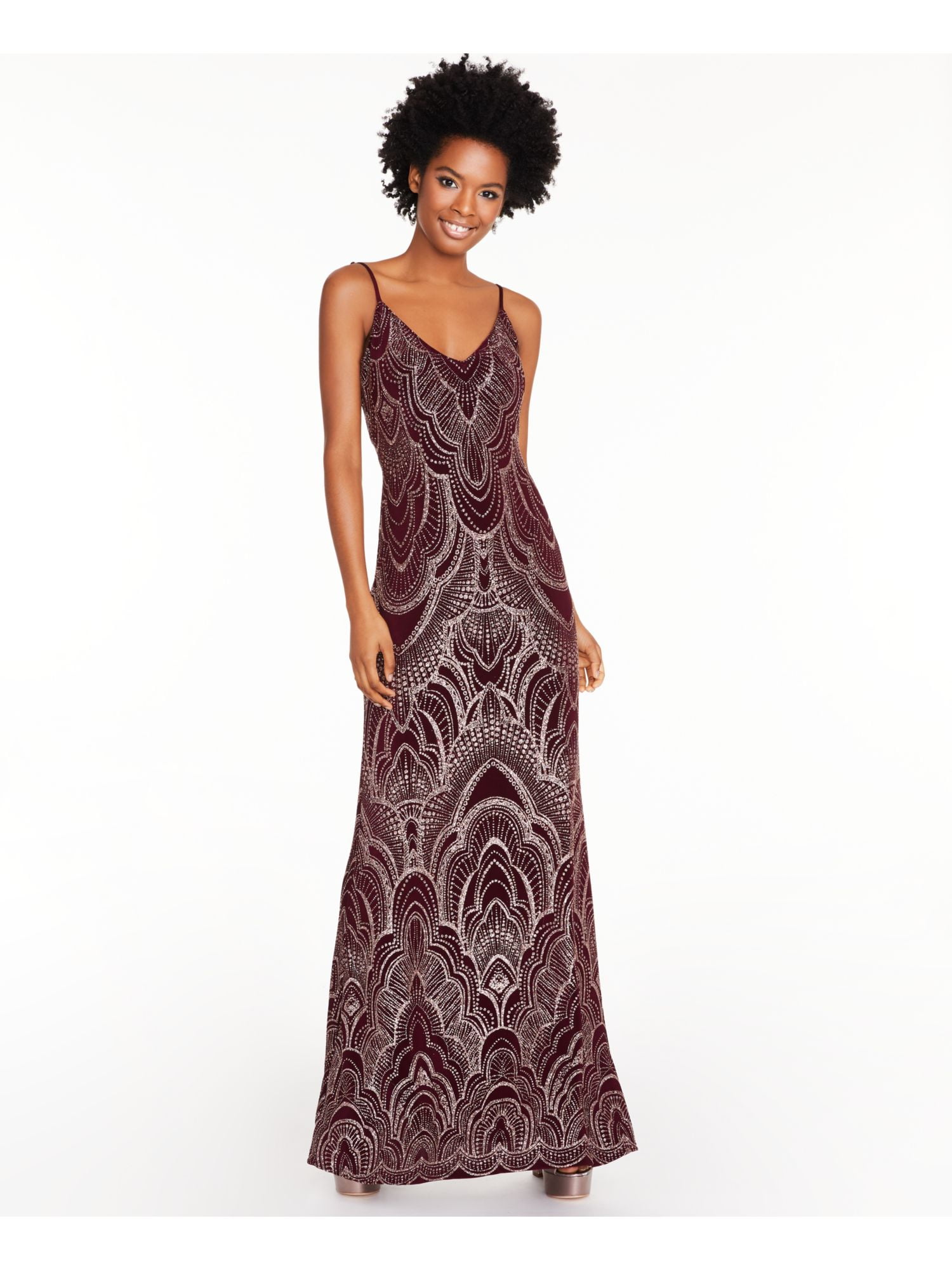 JUMP APPAREL Womens Maroon Glitter Patterned Spaghetti Strap V Neck  Full-Length Formal Sheath Dress 5\6 - Walmart.com