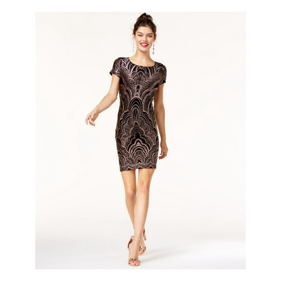 JUMP Womens Black Short Sleeve Jewel Neck Above The Knee Cocktail Body Con Dress S