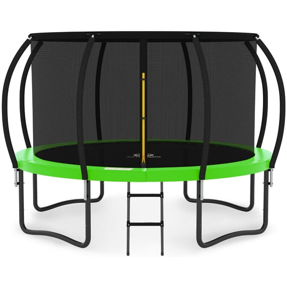 JUMPZYLLA 15FT Green Trampoline - NEW Patented Double Sided Mat Design, Curved Poles for extra Safety, Ladder and Galvanised Anti-Rust Coating, ASTM Approval
