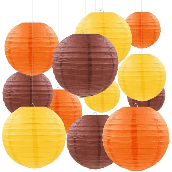 JUMRHFAN 12 Pcs Fall Paper Lanterns Thanksgiving Decorations Yellow Orange and Brown Paper Lanterns Autumn Decorative Round Hanging Party Decorations Harvest Theme Party Supplies