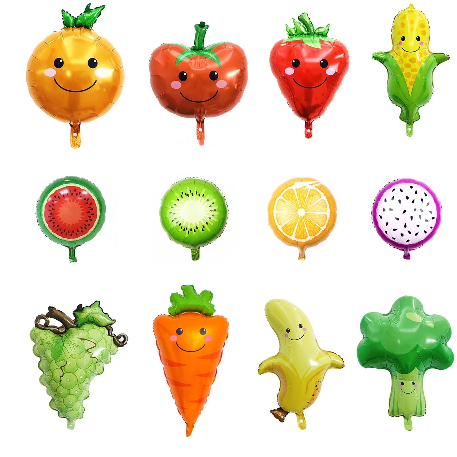 JUMRHFAN 12PCS Fruit Vegetable Foil Helium Mylar Balloons, Corn Carrot Orange Tomato Broccoli Strawberry Grape Banana Watermelon Kiwi Party Decoration Supplies for Baby Shower Birthday Christmas Kids