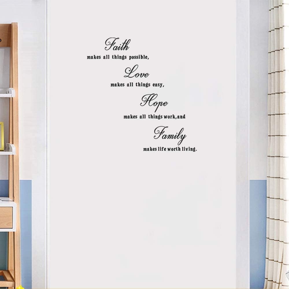 JUMRHFAN 16.5 x 23.5 inches Faith Love Hope Quotes Wall Stickers Decals Decor, Removable DIY Saying Wall Art Decals Sticker, Wallpaper for Bedroom Living Room (Black)