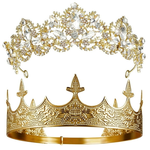 JUMRHFAN 2 Pcs Antique Royal King Crown for Men Baroque Queen Crown for 2025 Graduation Prom Party Crystal Tiara Prom Cosplay Birthday Wedding Hair Headband Accessories(Elegant Style)