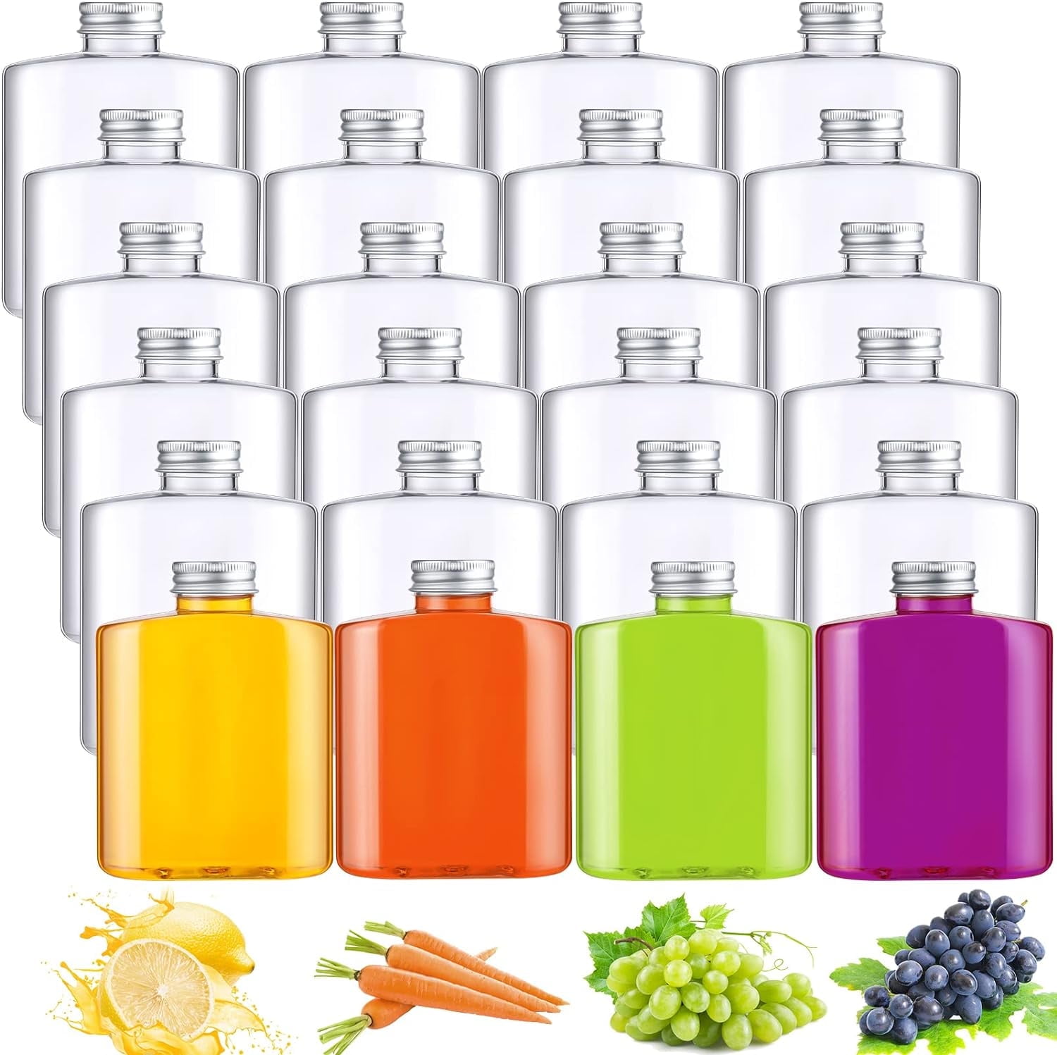 JUMRHFAN 24 Pack Plastic Bottles with Caps, Clear Juice Bottles Flat Water Bottle Plastic Flask Bottle Reusable Mini Beverage Container for Drinks, Milk, Tea, Alcohol, Liquor (10 oz)