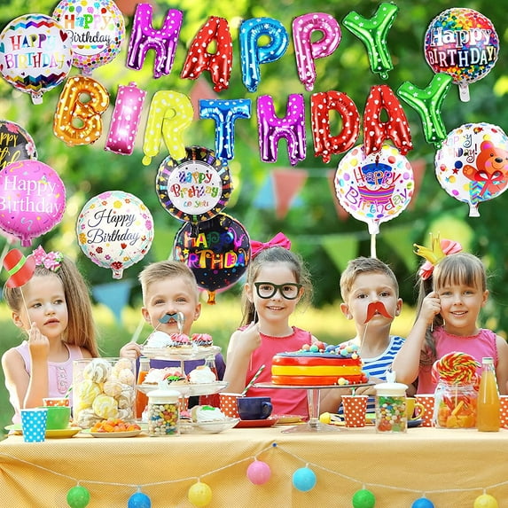 JUMRHFAN 26PCS Aluminum Foil Balloons, 18Inch Round Happy Birthday Balloon with Happy Birthday Banner, Multiple Styles Party Decoration Supplies for Birthday Anniversary Baby Shower