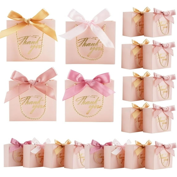JUMRHFAN 32 Pack Paper Small Gift Bags with Handles, Reusable Party Favor Bags with 4 Colors Silk Ribbon, Mini Bulk Gifts for Birthday, Wedding, Baby Shower, Crafts, Shopping, 5.5"×6.2"×4.7" (Pink)