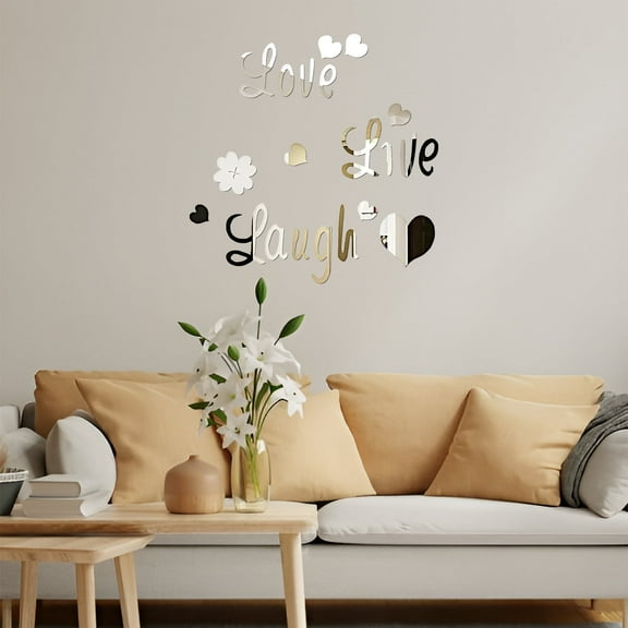 JUMRHFAN 3D Acrylic Mirror Wall Decor Stickers, DIY Love Live Laugh Letter Heart Flower Composed Small Art Self-Adhesive Wall Decals Home Decorations for Living Room, Bedroom, Bathroom (silver)