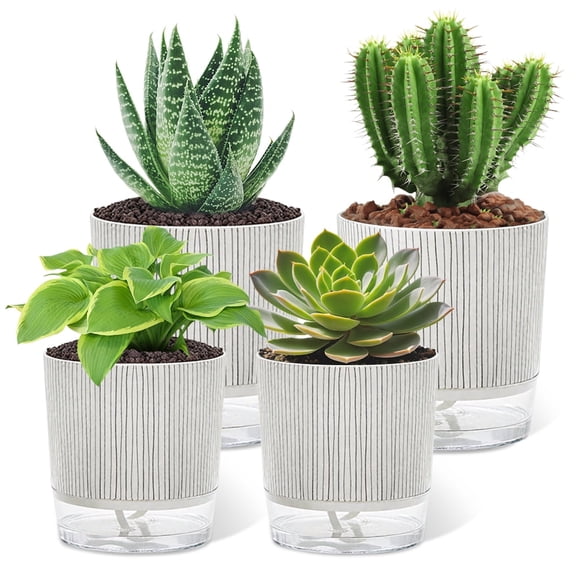 JUMRHFAN 4 Pack Self Watering Pots Set, 4+5.5 Inch Self Watering Pots for Indoor Plants, Planter Pot with Wick Rope and Reservoir for African Violet, Spider Plant, Orchid