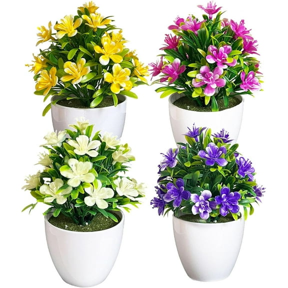 JUMRHFAN 4 Pcs Artificial Flowers Plants Potted Mini Fake Plants with Pot Plastic Faux Potted Plants for Uv Resistant Artificial Plants Indoor Outdoor For Room Decor Home And Garden Decor