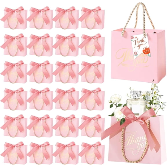 JUMRHFAN 50PCS Small Thank You Gift Bags with Handles, 5.5''x 2.5''x 4.7'' Mini Gift Bags Bulk with Bow Ribbon, Party Favor Bags Candy Bags for Party Wedding Valentine's Day Baby Shower(Pink)
