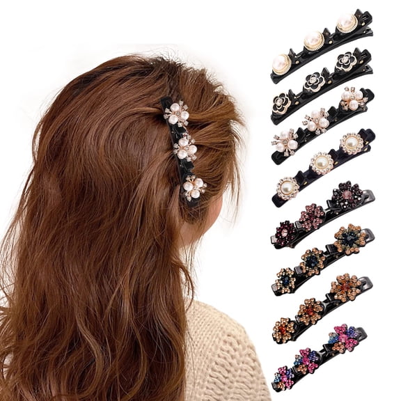 JUMRHFAN 8PCS Sparking Crystal Stone Braided Hair Clips, Duckbill Clips for Hair, Shiny Rhinestone Flower Hair Clips for Women and Girls